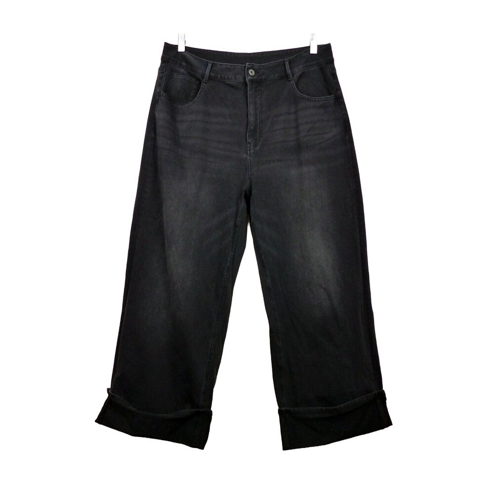 Halara Flex High Waisted Wide Leg Cropped Jeans Black Washed Women XL Rolled Hem